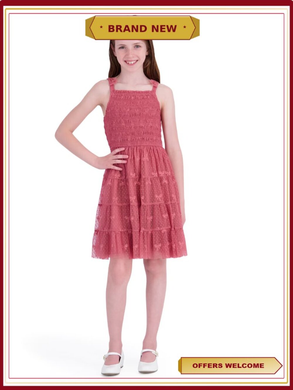 Sleeveless Jacquard Bow Mesh Dress Fully Lined Smocked Bodice